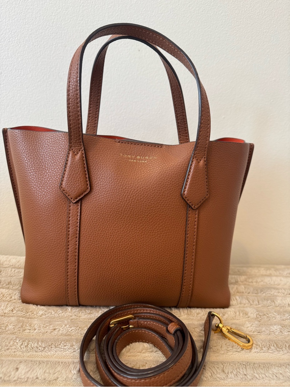 Tory Burch Chestnut Pebbled Leather Crossbody Tote with Gold Hardware